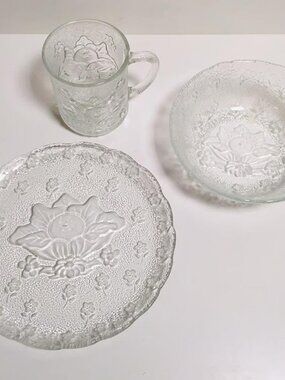 Vintage Clear 1980s 3pc Cabbage Patch Doll Glass Dishes plate bowl mug 1984